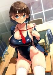 absurdres bare_shoulders black_one-piece_swimsuit blue_eyes blue_jacket blush breasts brown_hair cleavage collarbone female highleg highleg_one-piece_swimsuit highres jacket kekemotsu large_breasts long_sleeves looking_at_viewer necktie off_shoulder one-piece_swimsuit original short_hair smile solo swimsuit thighhighs thighs white_thighhighs