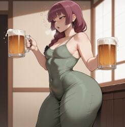 ai_generated alcohol bare_thighs beer blush bocchi_the_rock! braided_hair curvaceous curvy_female drunk drunk_female green_dress hiroi_kikuri huge_thighs light-skinned_female light_skin purple_eyes small_breasts smogai solo_female squatting sweat sweatdrop thick_body thick_female thick_thighs thighs thighs_bigger_than_head violet_hair voluptuous voluptuous_female