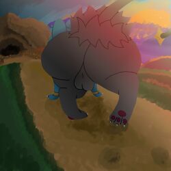 ass balls big_butt bite_mark butt_focus cave claws detailed_background feral first_person_view generation_4_pokemon genitals grass hi_res hurricane_weaver looking_away male nintendo oblivious pawpads paws plant pokemon pokemon_(species) pokemon_mystery_dungeon shinx solo spike_chunsoft sunset toe_claws