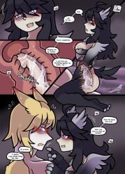 blonde_hair blue_eyes blush blush_lines bodily_fluids clawed_hands comic cute_fangs dark_hair dialogue digital_media_(artwork) duo english_text fangs female female_penetrated genital_fluids genitals hair head_wings hi_res humanoid inside internal male male/female male_penetrating monster_girl_(genre) nude open_mouth penetration penis purple_eyes shriekingmagpie simple_background sweat sweatdrop teeth text unusual_wing_placement vaginal_fluids vaginal_penetration vaginal_penetration winged_humanoid wings