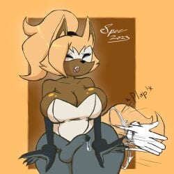 2023 anthro artist_name balls_outline big_breasts black_nose bodily_fluids bottomwear breasts brown_body brown_fur brown_inner_ear bulge butt_slap canid canine canis cleavage cleavage_overflow closed_eyes clothed clothing collarbone cute_fangs detailed_bulge disembodied_hand eyelashes facial_markings fangs fur genital_fluids genital_outline gynomorph hair head_markings hi_res idw_publishing intersex mammal markings open_mouth pants penis_outline pink_tongue ponytail precum precum_through_clothing sega slap solo sonic_the_hedgehog_(comics) sonic_the_hedgehog_(idw) sonic_the_hedgehog_(series) spanking spectatostudios teeth teeth_showing text thick_thighs tied_hair tongue topwear tube_top watermark wet wet_clothing whisper_the_wolf wide_hips wolf yellow_body yellow_ears yellow_fur