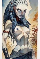 adult_female ai_generated alien alien_girl alien_humanoid alone angry_face blue_hair braided_hair chastity eager female female_warrior frustrated grey_eyes grey_skin grown_up gwyndala hard_nipples medium_breasts muscular muscular_female pale_skin partially_clothed ready_to_fight ready_to_fuck star_trek star_trek_prodigy tits_out vau_n'akat_(species)