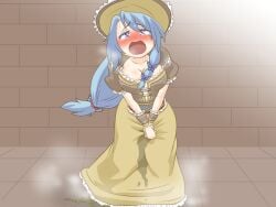 1girls aoi_kurage blue_carrot_(mojique) blue_hair blush breasts dress dress_lift embarrassed female game_cg hand_between_legs large_breasts long_hair looking_at_viewer mojique omorashi open_mouth pee_puddle peeing peeing_self puddle purple_eyes skirt skirt_lift stained_dress sweat tongue underwear wet wet_dress wetting wetting_dress wetting_self