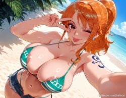 ai_generated areola_slip balecxi beach blush brown_eyes day denim denim_shorts earrings female green_bikini jewelry large_breasts looking_at_viewer nami_(one_piece) navel one_eye_closed one_piece open_fly orange_hair outdoors patreon_username ponytail selfie short_shorts shoulder_tattoo smile solo swimsuit tongue tongue_out v