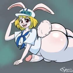 2023 anthro artist_name ass balls big_breasts big_butt big_penis big_tail black_eyebrows blonde_hair bottomless breasts brown_eyes carrot_(one_piece) clothed clothing cravat eyebrows fur genitals gesture gynomorph hair hat headgear headwear hi_res huge_butt humanoid_genitalia humanoid_penis intersex lagomorph leporid long_ears lying mammal on_front one_piece open_mouth open_smile penis pink_inner_ear pink_nose pink_tongue pupils rabbit salute scut_tail shirt short_hair short_tail smile solo spectatostudios tail teeth teeth_showing text thick_thighs tongue topwear watermark white_body white_ears white_fur white_tail