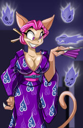 anthro anthrofied bakeneko chadrocco claws clothed female furry halloween japanese_mythology kimono large_breasts monster monster_girl mythology pink_eyes pink_hair spirits