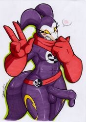 absurd_res anthro balls bandai_namco big_penis breasts clothing condom_suit digimon digimon_(species) fan_character futanari genitals gynomorph hi_res impmon intersex latex latex_clothing latex_skinsuit penis renamon renimpmon rotten_owl simple_background skinsuit solo tail tight_clothing traditional_media_(artwork) white_background