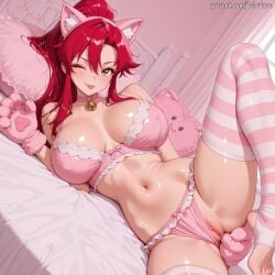 1girl ;p ai_generated animal_ears animal_hands bed bell blush bow_panties bra breasts cat_ears cat_paws choker clothing_aside fake_animal_ears feet female foot_out_of_frame gloves hair_between_eyes hi_res indoors jingle_bell knee_up large_breasts legs long_hair looking_at_viewer lying navel neck_bell no_shoes on_bed on_side one_eye_closed panties panties_aside patreon patreon_username paw_gloves pillow pink_bra pink_choker pink_panties pink_thighhighs ponytail pussy red_hair shiny_skin solo stirrup_legwear stomach striped_clothes striped_thighhighs tengen_toppa_gurren_lagann thighhighs thighs toeless_legwear toenails toes tongue tongue_out uncensored underwear underwear_only velurieve yellow_eyes yoko_littner