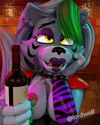 2025 3_toes 3d_(artwork) 4_fingers animatronic anthro areola black_nose breasts canid canine canis claws clothed clothing digital_media_(artwork) ear_piercing ear_ring english_text eyebrows feet female fingers five_nights_at_freddy's five_nights_at_freddy's:_security_breach flashlight glistening glistening_body green_claws green_highlights grey_hair hair hi_res highlights_(coloring) lipstick looking_at_viewer lordwolf machine makeup mammal nipples open_mouth piercing pink_areola pink_nipples pointy_ears prick_ears purple_lipstick ring_piercing robot robot_anthro roxanne_wolf roxanne_wolf_(coolioart) scottgames solo spread_legs spreading steel_wool_studios text toe_claws toes upskirt urethra uvula vulva widescreen wolf yellow_eyes