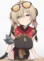 1boy black_dress black_pubic_hair blonde_hair breasts censored china_dress chinese_clothes cleavage_cutout closed_mouth clothing_cutout donutman dress eyewear_on_head female fingerless_gloves gloves grey_background highres large_breasts male male_pubic_hair mosaic_censoring paizuri penis pubic_hair purple_eyes single_glove smile solo_focus straight sunglasses sweety_(zenless_zone_zero) tinted_eyewear yellow-tinted_eyewear zenless_zone_zero