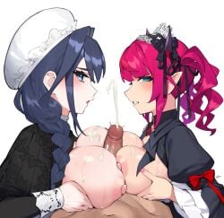 1boy 2girls black_dress blue_eyes blue_hair braid breasts breasts_out breasts_squeezed_together brooch clothed_female_nude_male commentary cooperative_paizuri cum cum_on_body cum_on_breasts dasdokter dress drill_hair ejaculation embroidery empty_eyes english_commentary fanged_bangs ffm_threesome frilled_hat frilled_sleeves frills group_sex hair_intakes hair_over_shoulder hat highres hololive hololive_english horns irys_(hololive) irys_(maid)_(hololive) jewelry juliet_sleeves large_breasts long_hair long_sleeves looking_at_viewer low_twin_braids maid male mob_cap multiple_girls nail_polish navel nipples nude official_alternate_costume official_alternate_hairstyle open_mouth ouro_kronii ouro_kronii_(maid) paizuri penis pink_nails pointy_ears pov puffy_sleeves purple_hair short_hair sleeve_cuffs straight teamwork_(sexual) threesome twin_braids twin_drills twintails uncensored victorian_maid white_background white_hat wide_sleeves