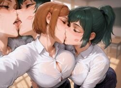 2girls ai_generated alternate_breast_size ass big_ass big_breasts bra bra_visible_through_clothes breast_press breast_squeeze breasts brown_eyes cleavage curvaceous curvy curvy_figure female female_only green_hair huge_breasts jujutsu_kaisen kiss_mark kissing kugisaki_nobara large_breasts lesbian_kiss light-skinned_female light_skin looking_at_partner loving_gaze loving_it maki_zenin nobara_kugisaki orange_hair saliva saliva_trail school school_uniform schoolgirl shirt skirt sogo teasing voluptuous voluptuous_female yuri zenin_maki