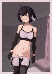 arknights feather_hair female plume_(arknights) plume_(easy_time)_(arknights) pubic_hair rioffi sports_bra thighs