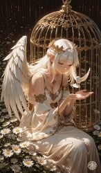ai_generated angel birdcage feathers flowers whitehair