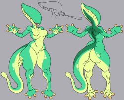 1girls alien alien_(franchise) amphibian ass behind_view big_ass big_butt breasts bubble_butt character_sheet curvaceous curvy curvy_figure eva_(torururuu) female female_only frog front_view grey_background huge_ass hybrid long_tail long_tongue no_nipples nude open_mouth slim_waist small_breasts solo solo_female tail thick_thighs tongue tongue_out torururuu voluptuous voluptuous_female webbed_feet webbed_hands wide_hips xenomorph