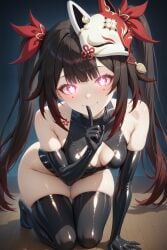 ai_generated aimoonshine all_fours arm_support bare_shoulders black_footwear black_gloves black_hair black_leotard black_thighhighs blush boots breasts brown_hair cleavage cleavage_cutout closed_mouth clothing_cutout elbow_gloves eye_tattoo female finger_to_mouth flower-shaped_pupils flower_tattoo fox_mask full_body gloves glowing glowing_eyes gradient_hair hair_ribbon hand_on_floor hand_up highleg highleg_leotard honkai:_star_rail honkai_(series) index_finger_raised kneeling latex latex_gloves latex_legwear leaning leaning_forward leotard long_hair looking_at_viewer mask mask_on_head medium_breasts mihoyo multicolored_hair pink_eyes red_hair red_ribbon ribbon shiny_clothes shushing skindentation small_breasts smile solo sparkle_(honkai:_star_rail) symbol-shaped_pupils tattoo thick_thighs thigh_boots thigh_gap thighhighs thighs turtleneck turtleneck_leotard twintails very_long_hair wooden_floor
