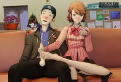 baseball_cap blush brunnette cum ejaculation embarrassed embarrassed_expression facial_hair goatee iori_junpei jerking jerking_off jerkingoff_another junpei_iori kikanshalewds masturbating_other p3 persona_3 straight yukari_takeba