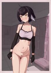 arknights bottomless feather_hair female plume_(arknights) plume_(easy_time)_(arknights) pubic_hair pussy rioffi sports_bra thighs