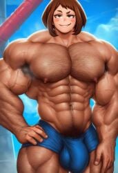 1boy abs ai_generated alternate_body_type ambiguous_gender ambush_(trap) arm_hair arm_veins armpit_hair bara barechested biceps blush boku_no_hero_academia boy brown_eyes brown_hair bulge bulge_through_clothing chest_hair civitai cloud club_shaped_penis day feet_out_of_frame genderswap_(ftm) hairy hairy_armpits hairy_arms hairy_chest hairy_legs hand_on_hip large_pectorals leg_hair male male_breasts male_focus male_swimwear man_nipples masculine_male muscles muscular muscular_male my_hero_academia navel navel_hair nipples ochako_uraraka outdoors outside pecs pectorals pubic_hair pubic_hair_peek rule_63 sewoh26 shirtless_male short_hair sky smile solo solo_focus steaming_body stomach thick_arms thick_thighs thighs topless topless_male underwear uraraka_ochako veins