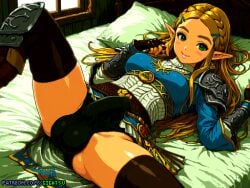 ai_generated armor bed bedroom big_balls blonde_hair erection futa_only futanari gigatsu green_eyes intersex looking_at_viewer nintendo pixel_art seductive spread_legs the_legend_of_zelda visible_penis zelda_(breath_of_the_wild)