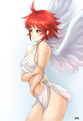 angel_wings deekei female fire_emblem fire_emblem_fates hinoka_(fire_emblem) holding_arm medium_breasts petite red_hair robe short_hair simple_background slim small_breasts solo wings