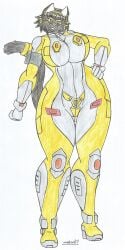 akana_ra_(waifuland) ankha anklet anthro big_breasts big_hips black_body black_fur black_hair bodysuit catgirl earrings empty_eyes furry gold_eyes gold_eyeshadow gold_jewelry gold_lipstick gold_makeup hairbow hand_on_hip high_heels looking_at_viewer marlon64 mecha_pilot_suit short_hair_female solo_female traditional_drawing_(artwork) waifuland white_background