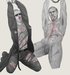 1boy blood_drip blood_stain bound bound_arms bound_wrists chained chained_up chained_wrists chains cuts cuts_on_thighs devilsp3rm dubious_consent flaccid flaccid_penis knife_play malesub masochism masochist masochistic_male postal_(series) postal_dude sadism submission submissive submissive_male tied_up veiny_penis