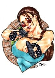 1girls abs backpack big_breasts blue_shirt blue_top braid braided_hair breasts brown_eyes brown_hair cleavage ed_benes_studio fred_benes glistening_skin gloves gun guns lara_croft lara_croft_(classic) looking_over_eyewear looking_over_glasses nipple_bulge nipples nipples_visible_through_clothing pistol red-tinted_eyewear sunglasses tight_clothes tight_clothing tight_fit tinted_eyewear tomb_raider weapon