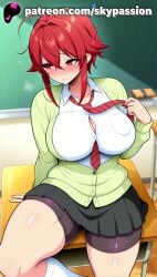 1girls 2025 ahoge ai_assisted ai_generated aizawa_tomo anime artist_name bicycle_shorts big_breasts big_breasts big_breasts big_chest bike_shorts blush breast breasts breasts breasts bust busty cardigan chair chalkboard chest classroom cleavage clothed_female desk female_focus female_only flying_sweatdrops heart hi_res high_quality high_resolution highres large_breasts messy_hair necktie on_desk patreon patreon_username pleated_skirt red_eyes red_hair red_necktie school_chair school_desk school_uniform short_hair sitting sitting_on_desk skirt skypassion solo stable_diffusion thighs tomo-chan_wa_onna_no_ko watermark