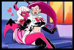 ai_generated couch grabbing_breasts grabbing_from_behind helluva_boss jessie_(pokemon) pokemon teasing verosika_mayday_(helluva_boss)