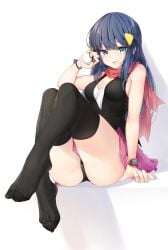 armpit_crease ass_visible_through_thighs bare_arms bare_shoulders black_panties black_shirt black_thighhighs blue_eyes blue_hair blush body_blush breasts cleavage dawn_(pokemon) feet feet_focus hairclip hyouta_(yoneya) lipstick long_hair medium_breasts panties pantyshot parted_lips pokeball pokemon scarf shiny_skin sitting skirt sleeveless_shirt smile thighhighs thighs toes underwear