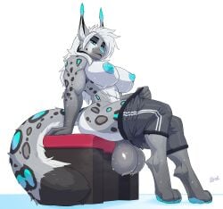 abs alibiwolf anthro areola athletic_wear balls bedroom_eyes big_balls big_breasts biped blue_eyes blue_nipples blue_spots bodily_fluids bottomwear breasts clothing dominant ear_tuft fluffy fur genitals grey_body grey_fur gym_bottomwear gym_shorts hair hand_on_hip herm hi_res intersex long_hair long_tail low-angle_view mane mia_(alibiwolf) muscular musk musk_clouds narrowed_eyes nipples nude pulling_pants_down seductive shorts sitting smile solo spots sweat sweaty_abs sweaty_balls sweaty_breasts sweaty_genitalia tail tall tuft white_hair