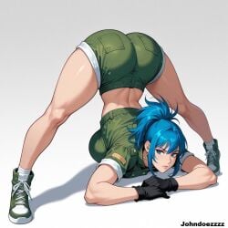 ai_generated athletic_female big_breasts blue_eyes boots curvy_figure cute green_boots green_uniform jack-o_pose king_of_fighters leona_heidern looking_at_viewer military_boots military_uniform ponytail tagme