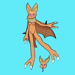 absurd_res anthro bat blush breasts chest_tuft detectivez digital_media_(artwork) female hi_res looking_at_viewer mammal nipples nude nude_anthro nude_female orange_bat orange_body pose pussy shaded simple_background simple_shading solo standing tongue tongue_out tuft vulva wings