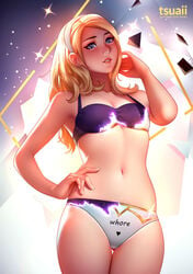 1girls bikini blonde_hair blue_eyes bra eyelashes eyeshadow fair-skinned_female fair_skin female female_focus female_only hairband hand_on_head headband league_of_legends light-skinned_female light_skin long_hair luxanna_crownguard panties posing slim solo solo_female solo_focus teenager tsuaii writing