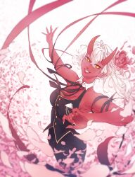 akumi bare_shoulders black_nails blurry breasts depth_of_field female flower grin horns long_hair looking_at_viewer nail_polish oni oni_horns petals pointy_ears red_ribbon red_skin ribbon skirt sleeveless smile solo vyugen white_hair yellow_eyes