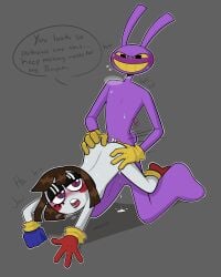 blushing bunny_boy bunny_ears clown clown_girl comic cum_in_pussy doggy_style dripping dripping_cum feet gloves jax_(the_amazing_digital_circus) moaning pomni_(the_amazing_digital_circus) pounding sweat