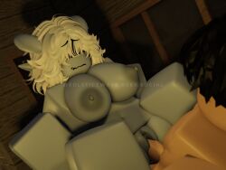 1boy 1girls 3d 3d_(artwork) areolae belly belly_button big_breasts black_hair blue_body breasts covered_eyes cowgirl_position horn horns large_breasts legends_of_the_aether muscular_male nipples oc original_character penis pussy riding riding_penis roblox roblox_avatar robloxian solsticewave tiefling tiefling_girl vaginal_penetration white_hair