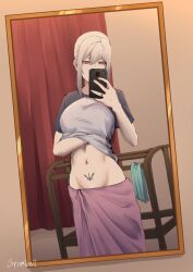 blonde_hair breasts cellphone clothes_lift female grimbell highres jewelry large_breasts mirror mirror_selfie mole mole_on_stomach navel no_panties original phone pubic_tattoo red_eyes reflection reflection_focus ring selfie shirt shirt_lift short_sleeves smartphone solo stomach t-shirt tattoo towel towel_around_waist two-tone_shirt