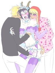 bulge bulge_through_clothing bulge_under_clothes caesar_clown donquixote_doflamingo donquixote_rosinante femboy garter_straps groping groping_ass groping_breasts maid maid_headdress maid_outfit maid_uniform thighhighs