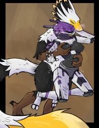 2_toes 5_fingers absurd_res ambiguous_penetration anthro anthro_on_anthro anthro_penetrated anthro_penetrating armor avian beak bird black_body bodily_fluids breast_grab breast_squish breasts claws dipstick_tail duo electricity feathers feet female fingers from_behind_position grope hand_on_breast hand_on_head hi_res humanoid looking_down machine male male/female markings metal metallic_body motion_lines muscular muscular_male oxtra penetration reptile robot robot_humanoid rough_sex scalie scratches scratching sex size_difference sparks squish sweat tail tail_markings toes white_body white_tail wire yellow_tail_tip yskra