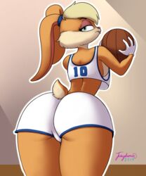 2019 absurd_res anthro ass ball big_butt blonde_hair breasts clothing female fur hair hi_res juicydemon lagomorph leporid lola_bunny looking_back looney_tunes mammal rabbit simple_background solo space_jam warner_brothers