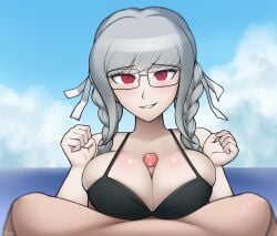 1boy 1boy1girl 1girl1boy 1girls anime bikini bikini_top black_bikini boobjob bra breast_squeeze breasts danganronpa danganronpa_2:_goodbye_despair danganronpa_s:_ultimate_summer_camp female glasses glasses_on_head grabbing_breasts grabbing_own_breast hand_on_boob hand_on_breast holding_breast paizuri paizuri_under_clothes pekoyama_peko penis red_eyes ribbons titfuck titjob triplestabber twintails white_hair