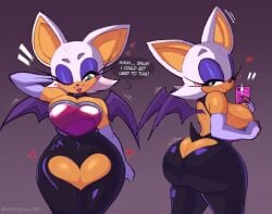anthro armwear ass bat bat_wings big_breasts big_ears black_clothing black_leggings black_legwear blue_eyes blue_eyeshadow bottomless bottomless_female breasts clothed clothing colored digital_drawing_(artwork) digital_media_(artwork) elbow_gloves english_text eyeshadow female fur gloves green_eyes handwear hi_res huge_breasts leggings legwear lipstick makeup mammal membranous_wings multicolored_body open_mouth partially_clothed pink_armwear pink_clothing pink_lipstick pink_topwear portrait rouge_the_bat sega selfie short_tail solo sonic_(series) tail tan_body thick_thighs topwear two_tone_body undressing white_armwear white_body white_clothing white_fur white_topwear wide_hips wings zetaskully