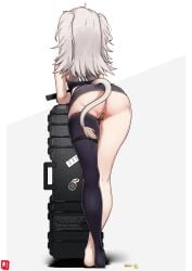 absurdres animal_ears ass bandaid bandaid_on_pussy black_thighhighs bullet female from_behind grey_background grey_hair gun handgun highres holding holding_gun holding_weapon hololive hololive_gen_5 hololive_japan johnny_(braun-kan_cafe) lion_ears lion_girl lion_tail long_hair shishiro_botan single_thighhigh solo standing tail thighhighs two-tone_background virtual_youtuber weapon white_background