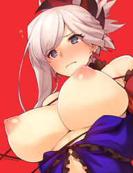 bare_shoulders blonde_hair blue_eyes blush breasts earrings embarrassed fate/grand_order fate_(series) female frills from_below hair_ornament japanese_clothes jewelry kimono kurowa large_breasts long_hair miyamoto_musashi_(fate) nipples ponytail puffy_nipples red_background simple_background solo twitter_username