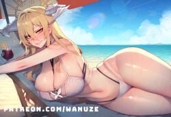 ai_generated azur_lane beach big_ass big_breasts big_butt big_thighs bikini blonde_hair blush horn huge_ass huge_breasts huge_butt huge_thighs implacable_(azur_lane) lying on_chair red_eyes revealing_clothes wanuze wide_hips