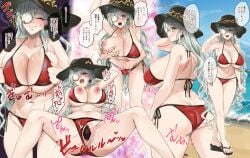 1other alternate_costume ambiguous_gender anger_vein arm_behind_head arms_up bar_censor beach bikini blush breasts breasts_squeezed_together censored commentary_request commission diabellstar_the_black_witch disembodied_hand duel_monster female flip-flops green_eyes groping hat k_sen_p kaisen_pasta large_breasts monocle multiple_views nipples official_alternate_hairstyle sandals skeb_commission smile spread_legs spread_pussy swimsuit translation_request yu-gi-oh!