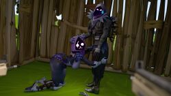bear caught_in_the_act duo duo_focus embarrassed embarrassed_nude_female embarrassed_nude_male hiding interrupted raven_(fortnite) raven_team_leader