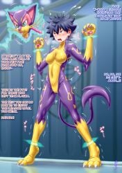 anthro blue_body blue_hair bulge clothing gender_transformation generation_5_pokemon hair human liepard male mammal mask mask_transformation mtf_transformation nintendo nose_tube nose_tubes omoi pokemon pokemon_(species) solo suit transformation yellow_body